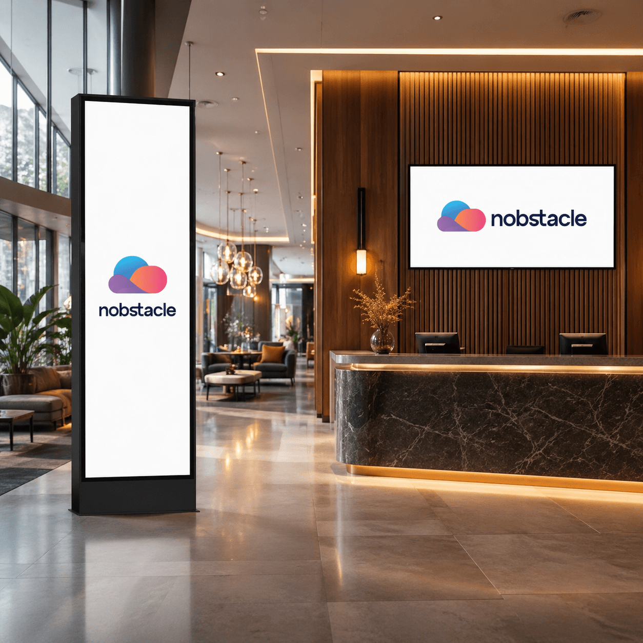 Nobstacle platform shown on multiple customer-facing screens at a front desk